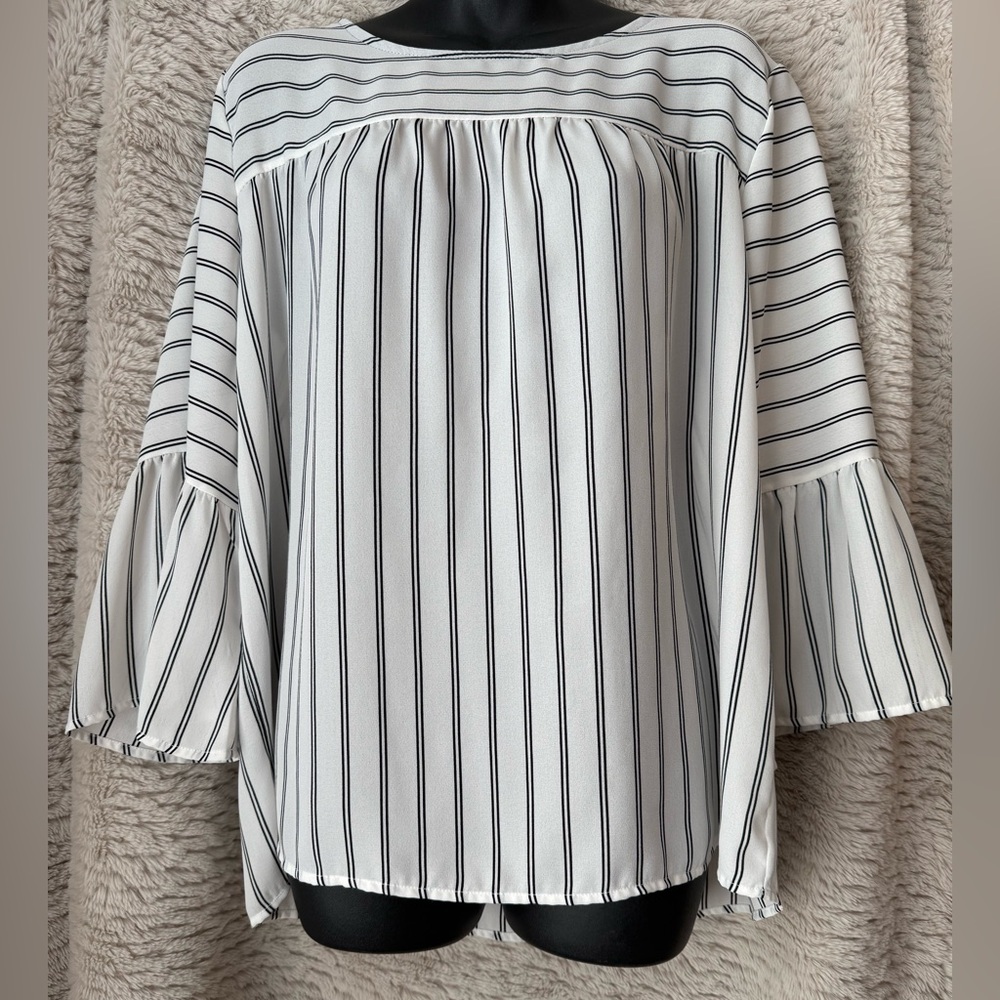 W5 White Striped Bell Sleeve Blouse